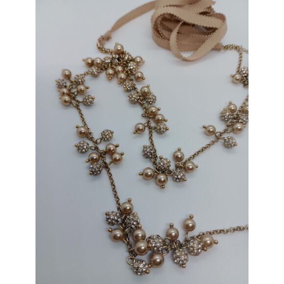 Faux Pearl Rhinestone Cluster 2 Strand Silver Tone 14-54" Ribbon Chain Necklace - Picture 4 of 6